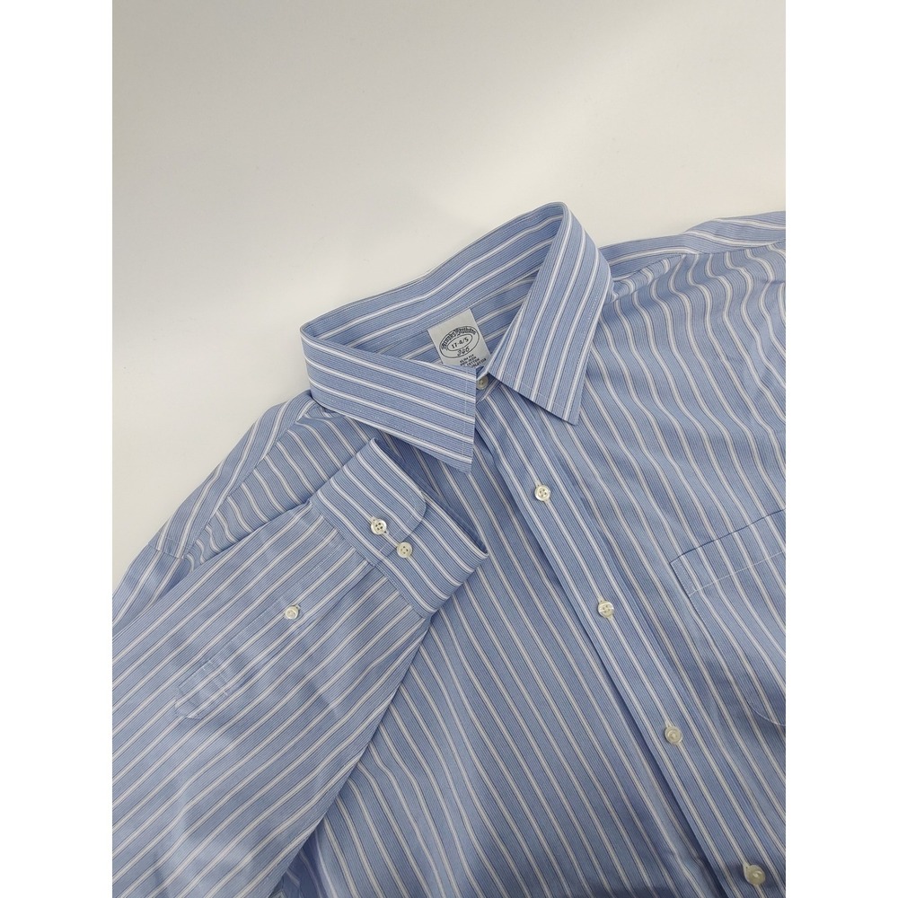 Brooks Brothers Dress Shirt Mens 17-4/5 Blue Striped Excellent Slim Fit Non-Iron